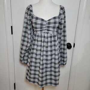 Promesa White & Black Buffalo Plaid Long Sleeve Mini Spring Dress Size Small